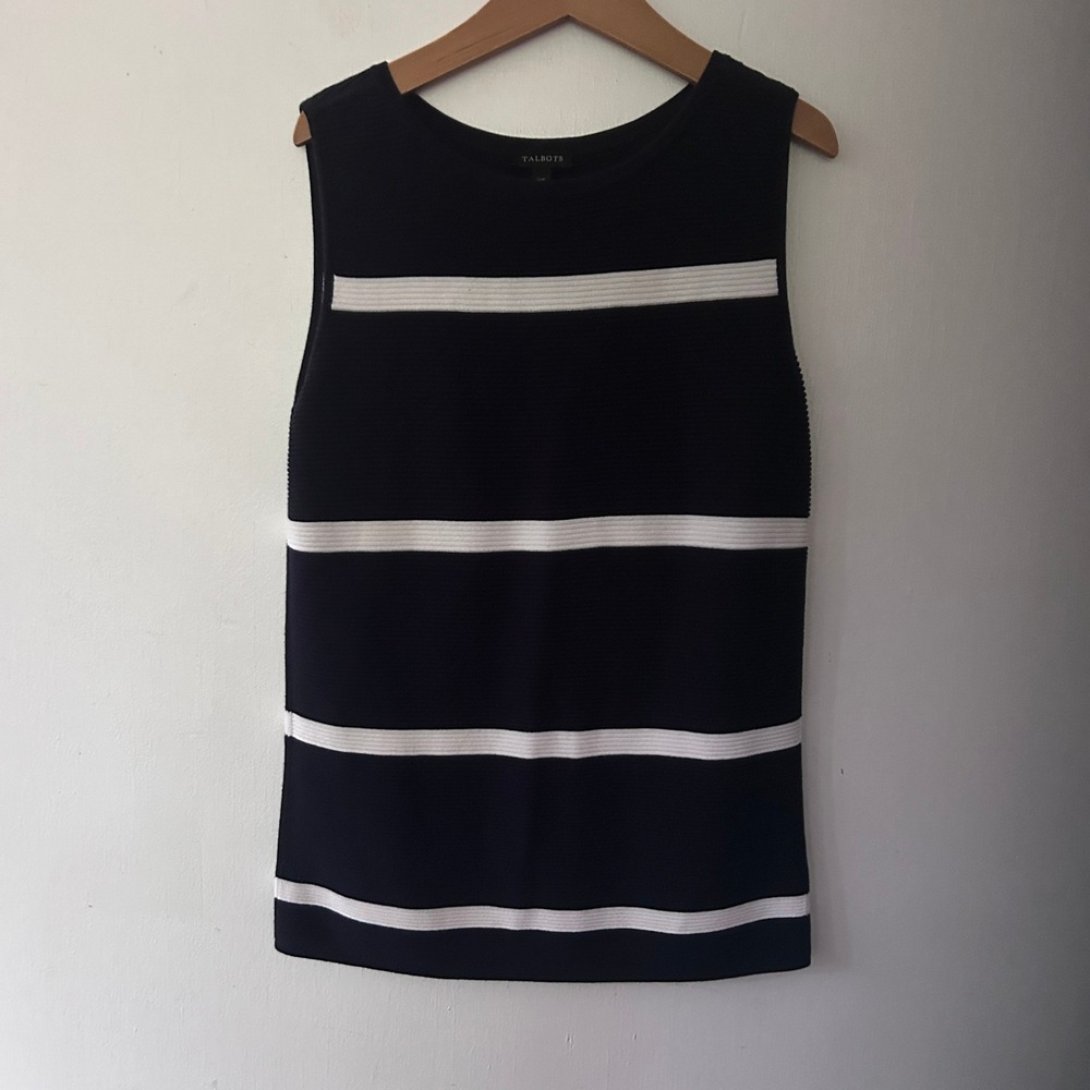 Talbots Size XS Navy White Striped Ottoman Rib Knit Sleeveless Shell Top Coastal